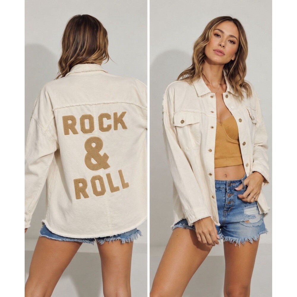 Davi & Dani Jacket Womens Small White Rock & Roll Chenille Patch Denim Shacket